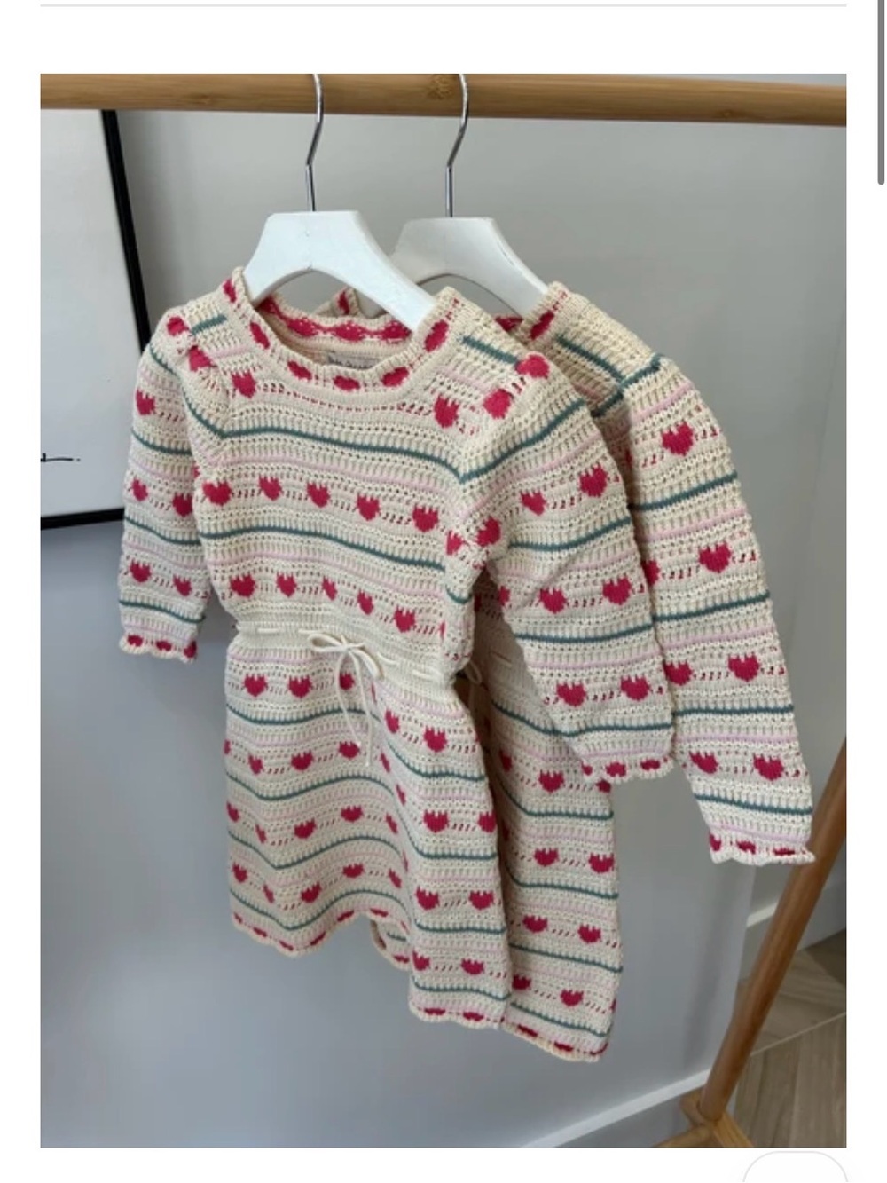 Cream Crochet Knit Kids Dress with Pink Heart Pattern